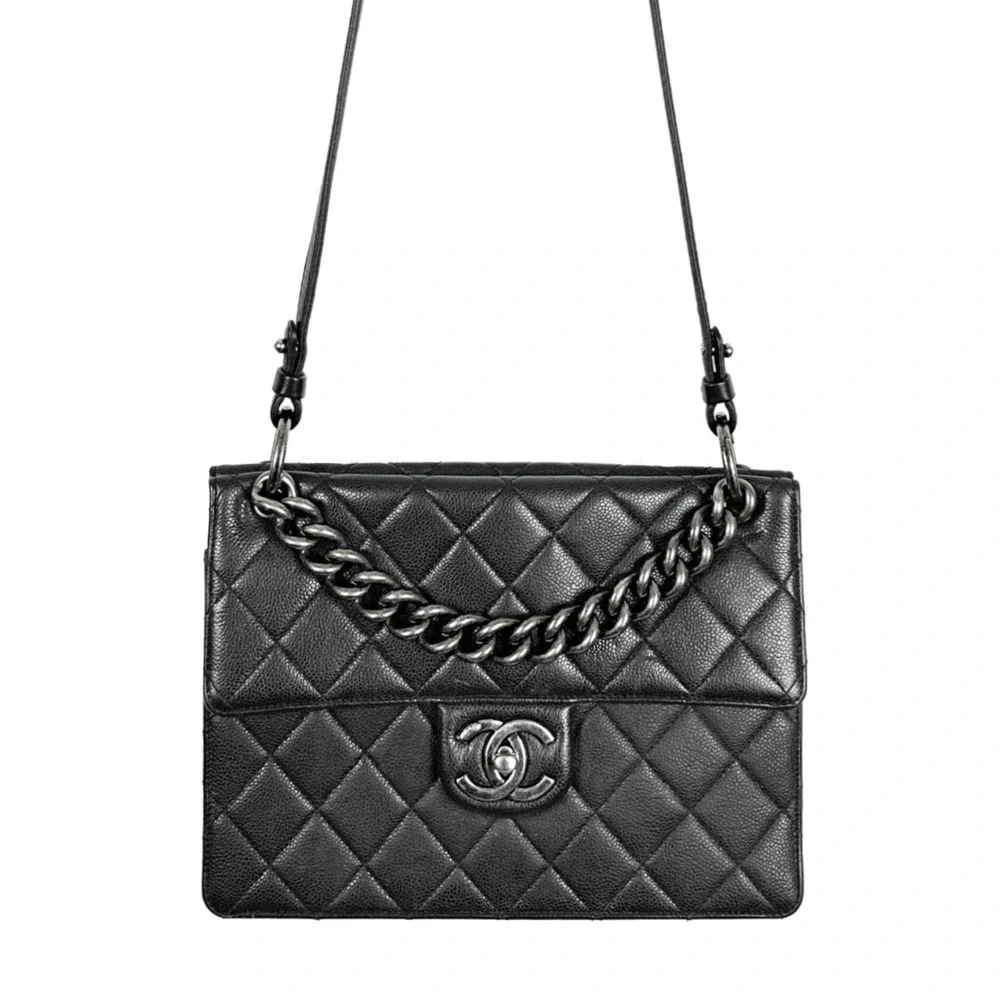 Chanel Black Caviar‎ Leather Quilted Flap Shoulder Bag Silver CC Chain
